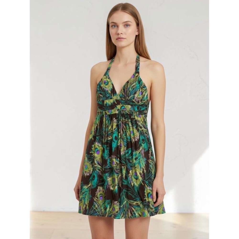 Vintage Ruby Rox Halter Babydoll Dress  Women's S Peacock Flowy Coastal Artsy